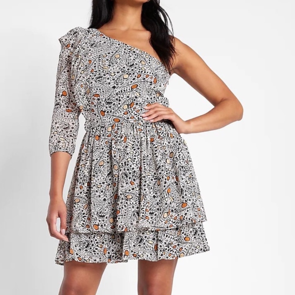 EXPRESS x RACHEL ZOE Printed One Shoulder Ruffled Short Dress Size Small